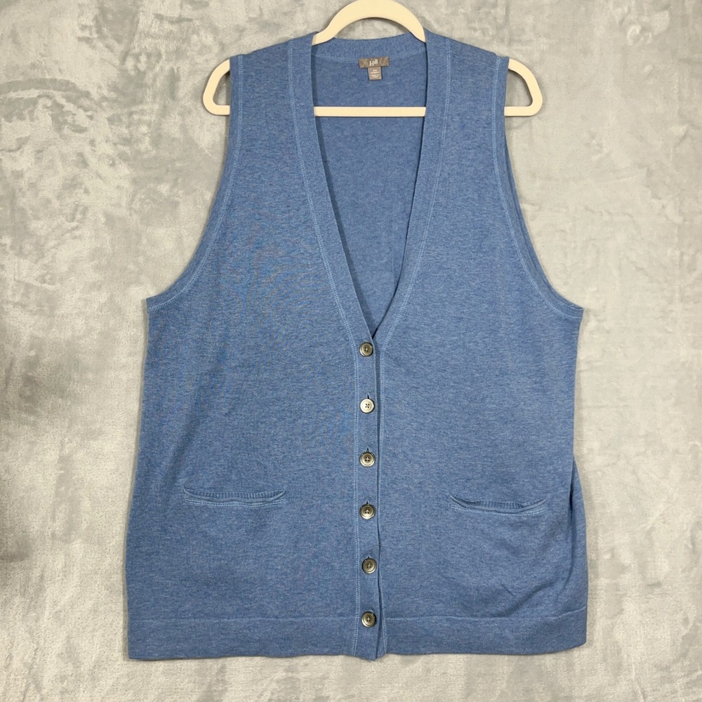 J. Jill Women Cardigan Vest 2X Blue Cotton Knit Button Front Sleeveless Pockets